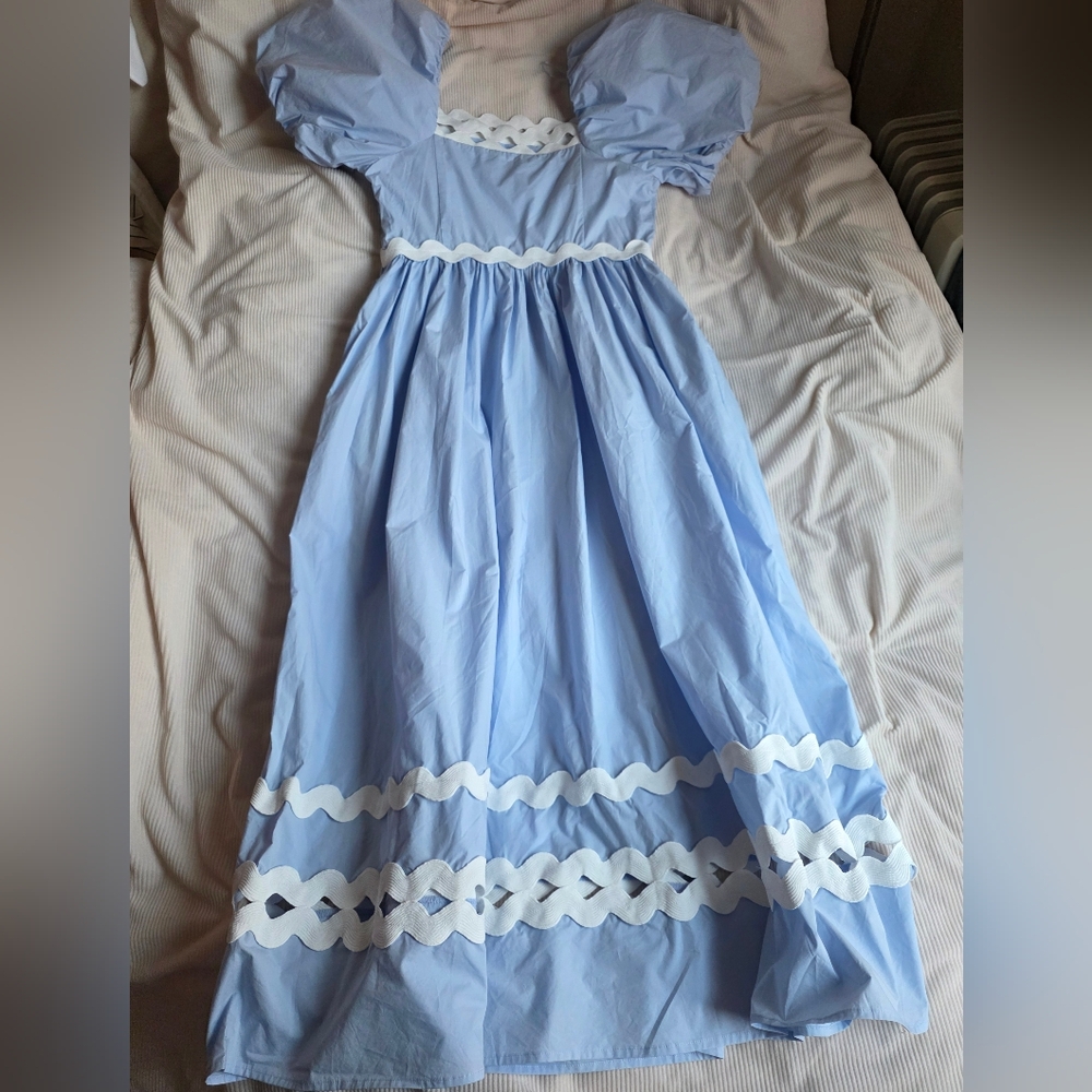 English Factory Scallop-Trim Cotton Midi Dress Sz L Blue Ecru Trim Nwt - Picture 2 of 16